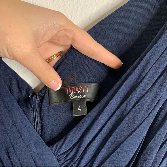 Tadashi Navy Blue Silk Beaded V-Neck Formal Mini Dress Size 4 - Picture 4 of 6